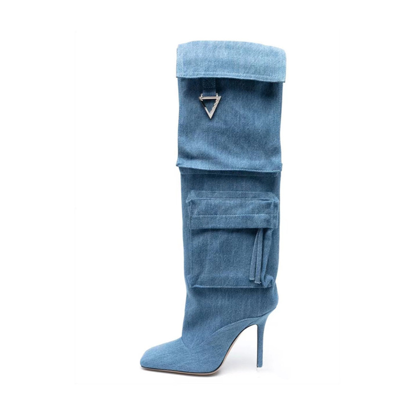 2023 new style stiletto heel square toe retro Denim pocket cloth surface knee-high boots European and American cross-border plus size women's long boots