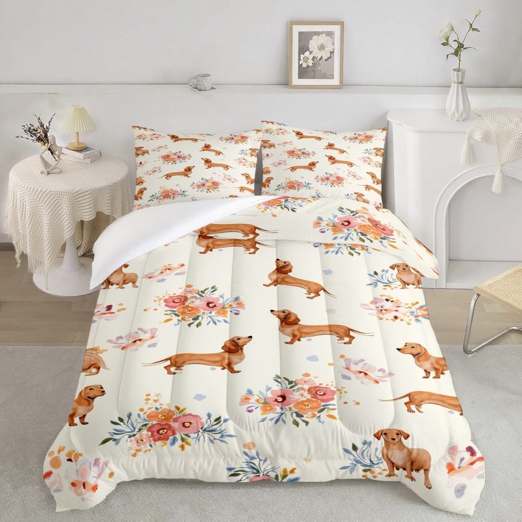 TEMU / JIT transfronterizo lindo pequeño perro salchicha impresión digital 3D 180gms colcha colcha almohada conjunto suministro directo de fábrica