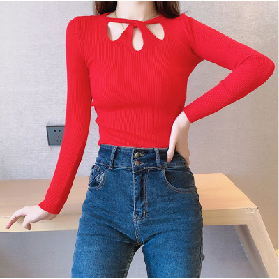 2025 Autumn/Winter New Arrival: Sexy Little Hollow-Out Slim-Fit Knitted Base Top for Women—Long-Sleeved Elegant Top for Trendy Ladies