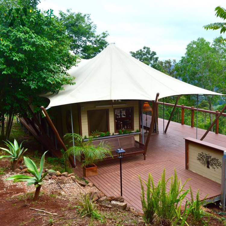 Hotel de tienda de campaña de pico único, atracciones al aire libre, techo de pendiente, tiendas de campaña de campo poligonal, fabricantes de tiendas de campaña de lujo