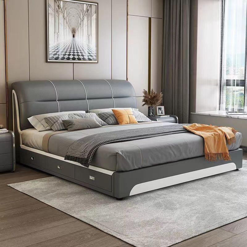 Modern Minimalist Genuine Leather Bed Master Bedroom Light Luxury Double Bed 1.8m Italian Minimalist Large Bed Small Apartment Soft Storage Bed