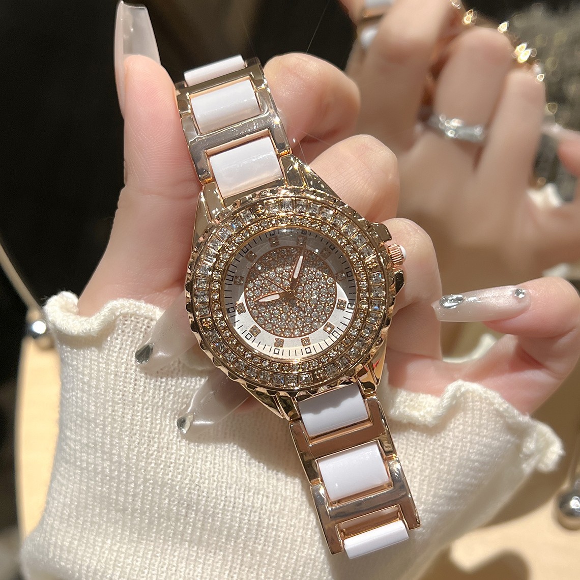 Tiktok Trending Baby's Breath Women's Ceramic Strap Watch, Light Luxury High-End Full Diamond Women's Watch, Dropshipping