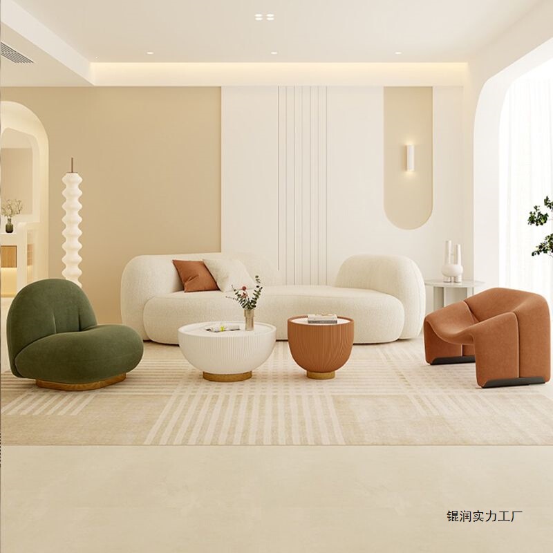 Nordic Fabric Sofa for Small Living Room, Curved Reception Sofa, Trendy Beauty Salon Style, Irregular Shape, Simple Design, Lambswool, Double Seat Nordic Fabric Sofa for Small Living Room, Curved Reception Sofa, Trendy Beauty Salon Style, Irregular Shape, Simple Design, Lambswool, Double Seat