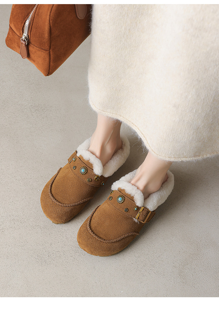Dép mule nữ lông cừu đế xốp Birkenstock phong cách đinh tán, mũi kín, lót nâng nhẹ — hổ phách chi tiết 19