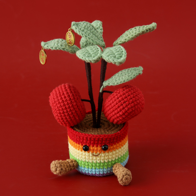 完成品手編みグラデーションカラー鉢植えシェフィールド糸かぎ針編みココナッツツリー表現鉢植えバレンタインデーウールかぎ針編み|undefined