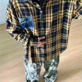 美式复古牛仔拼接格子长袖衬衫男款宽松休闲百搭情侣翻领衬衣批发