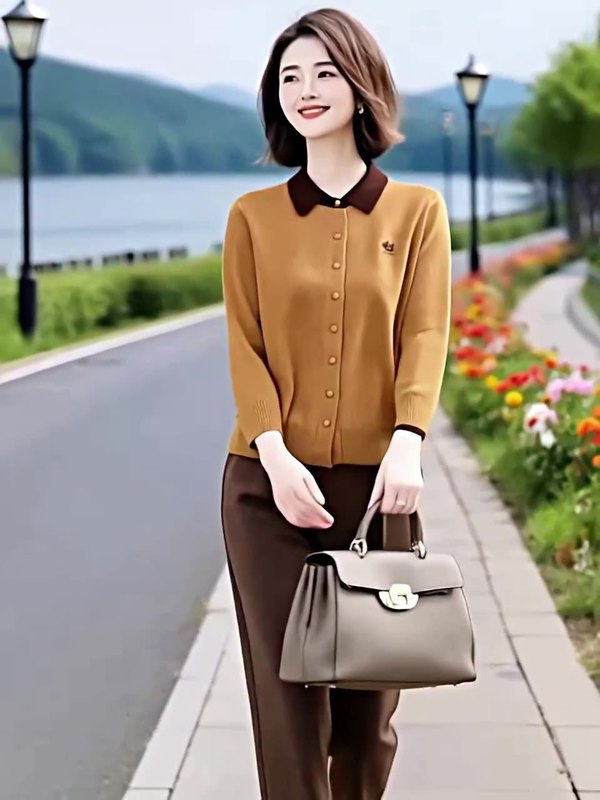 中老年韩版简约女装通勤设计春秋洋气时尚翻领针织衫直筒裤两件套|undefined