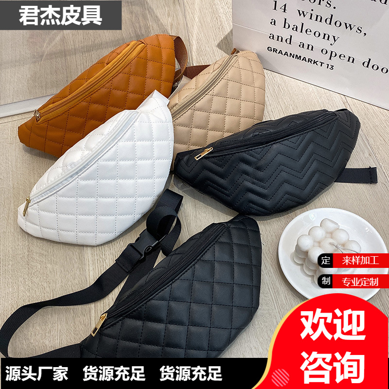 2022 Korean Version Autumn Cross-Border New Women's Lattice Embroidered Thread Tote Bag Wholesale Single-Shoulder Diagonal Crossbody Bag with Personality V-Style Waist Bag Trend