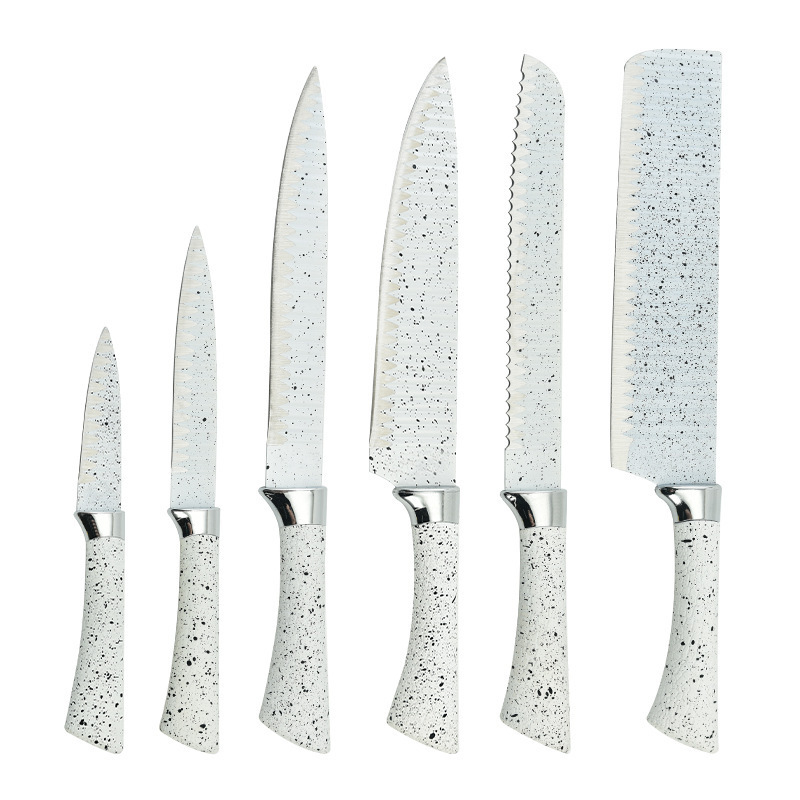 Comercio exterior caucho y plástico, mango de herradura, patrón ondulado, cocina de acero inoxidable, cuchillo doméstico, juego de cinco piezas, succión de doble cara al por mayor