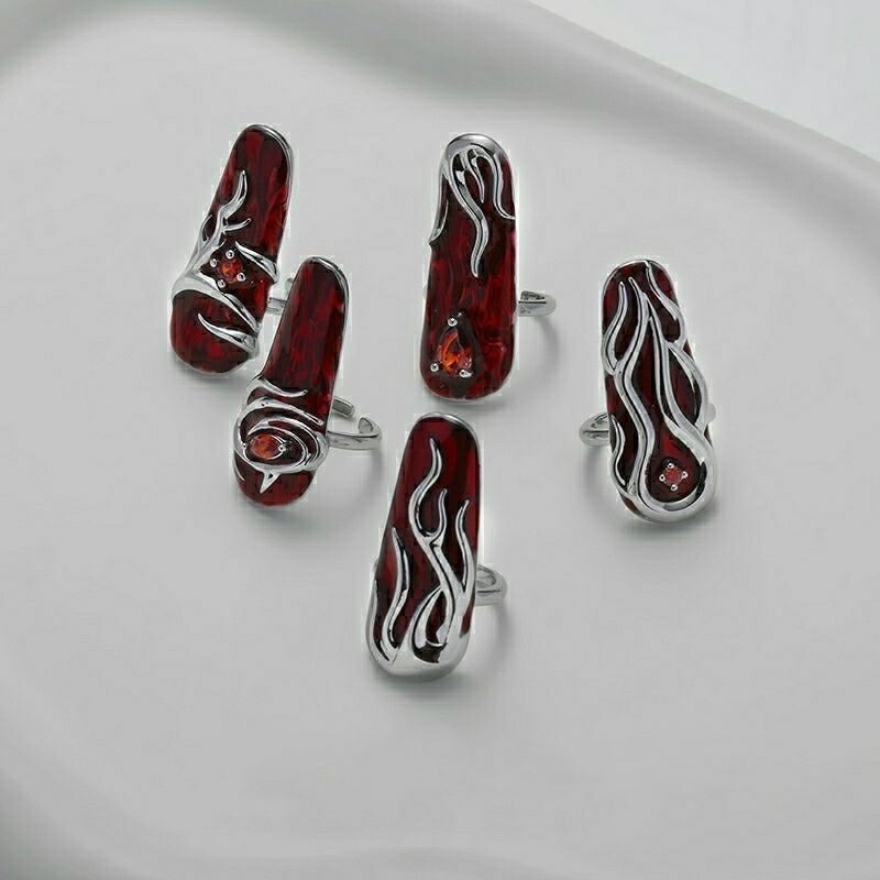 Flame red liquid metal new Chinese style national style armor ring design ring nail buckle wear drag sister nail ring