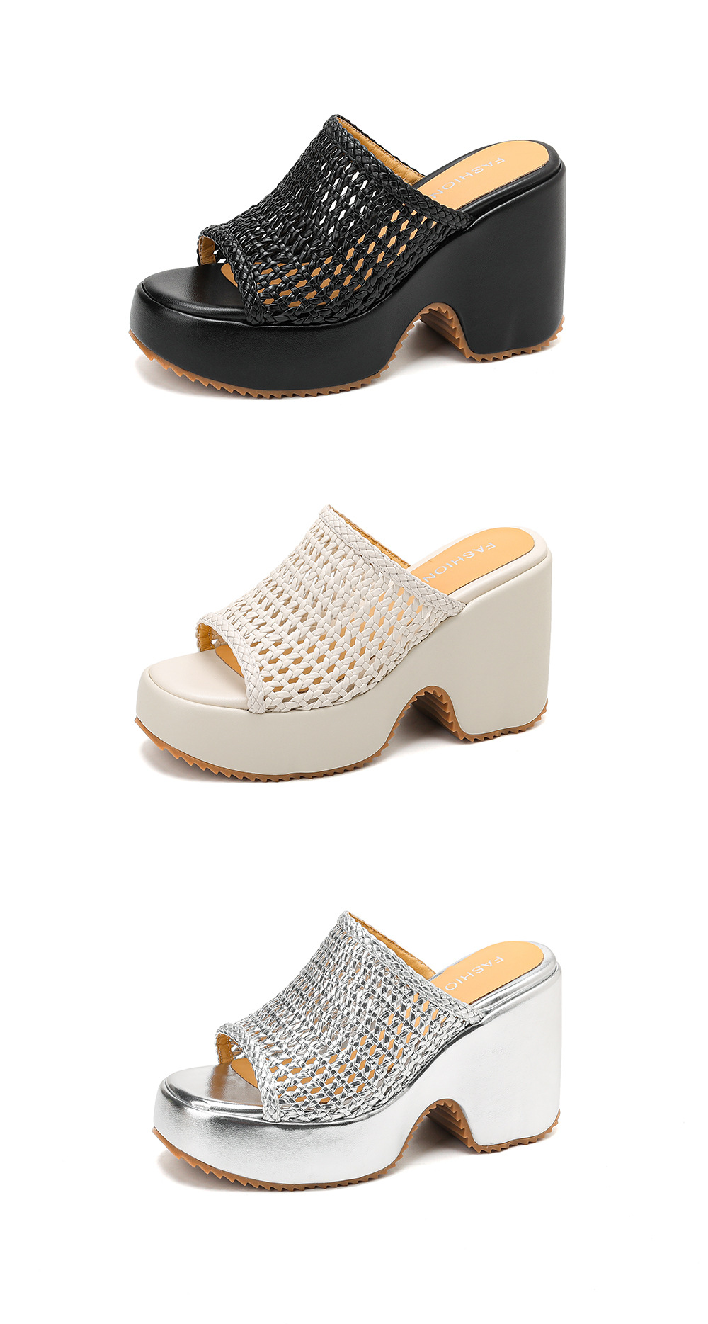 Sandal cao gót nữ hở mũi đế xuồng đan lát phong cách La Mã — màu đen, màu trắng ngà, bạc chi tiết 21