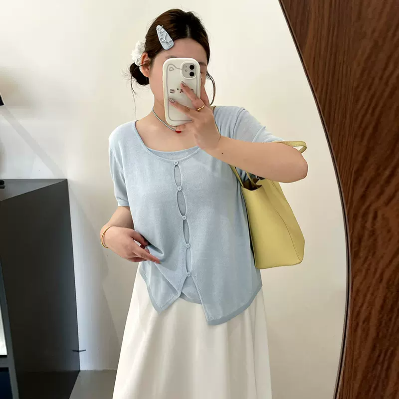 大码女装设计感假两件上衣2025夏胖mm气质宽松针织短袖t恤女22991