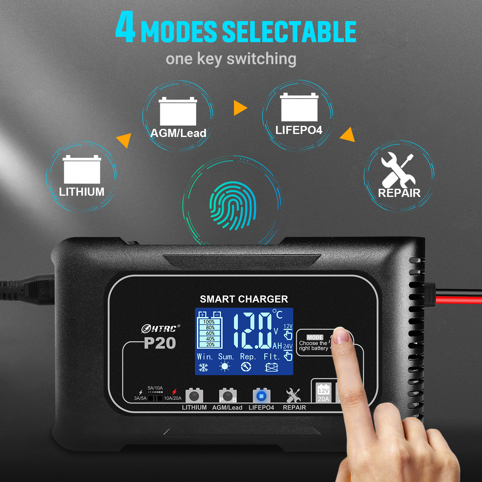 P20自動車オートバイバッテリー充電器12V20A24V10A鉛蓄電池AGM充電器HTRC