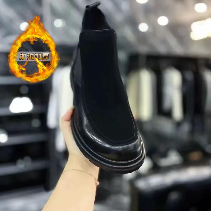 牛皮加绒冬季2025年潮流韩版男士厚底牛皮休闲高帮鞋商务马丁靴男