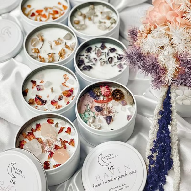 Flores secas con cristal enlatado cera de soja cera de cera