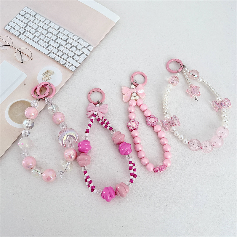 Ins Style Sweet Pink Crystal Bow Pearl Mobile Phone Chain Beaded Mobile Phone Lanyard Portable Anti-lost Keychain