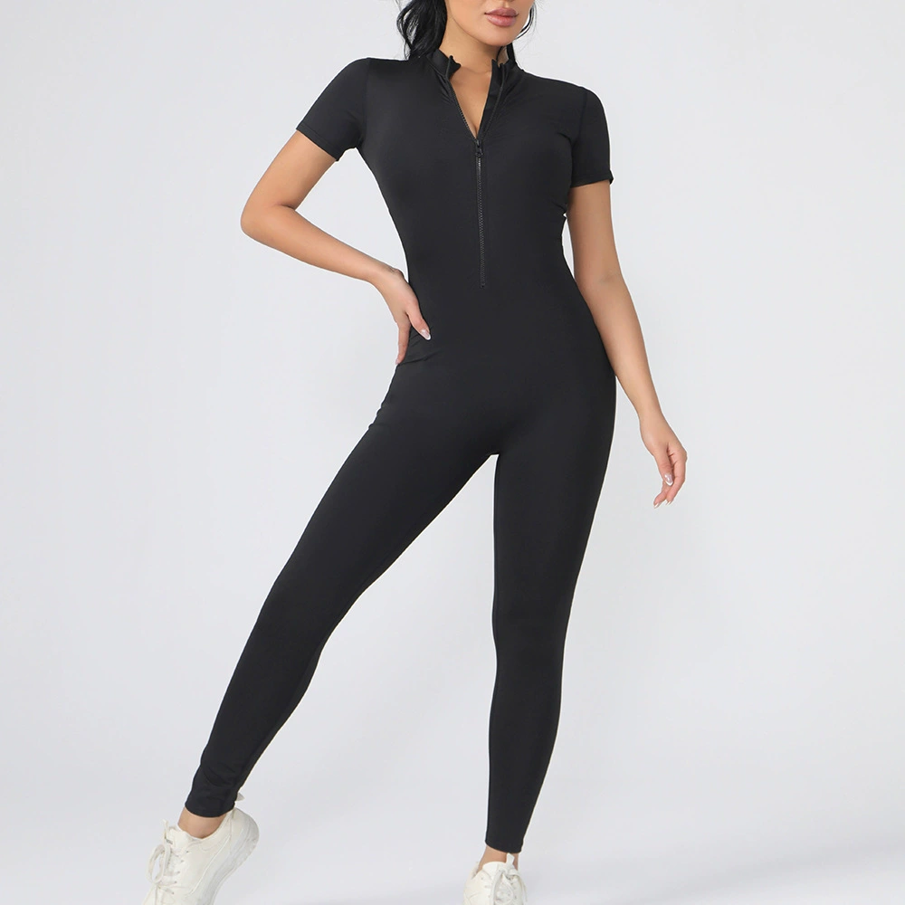 Женский спортивный костюм-комбинезон для йоги, танцев и фитнеса, короткий рукав, молния, облегающий, телесного цвета, для путешествий на Amazon
