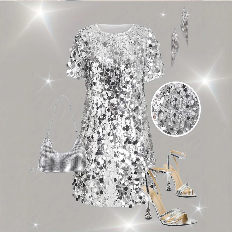 In-Stock Silver Sequin Round Disc Sequin Short-Sleeve Dress for Women, Party Style, Hot Girl Model, Direct from Manufacturer, New Fashion Hot Item