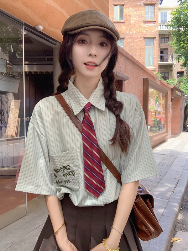 Summer Retro College Style Striped Shirt for Women, Short Sleeve 2026 New Versatile Casual Polo Collar Top with Tie Included