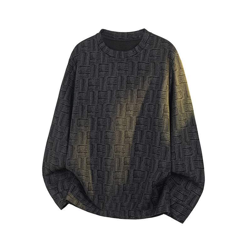 Textured Plaid Heavyweight Sweatshirt For Men, Spring Trendy Brand, Stylish And Sophisticated Long-sleeve T-shirt,_voghion.com