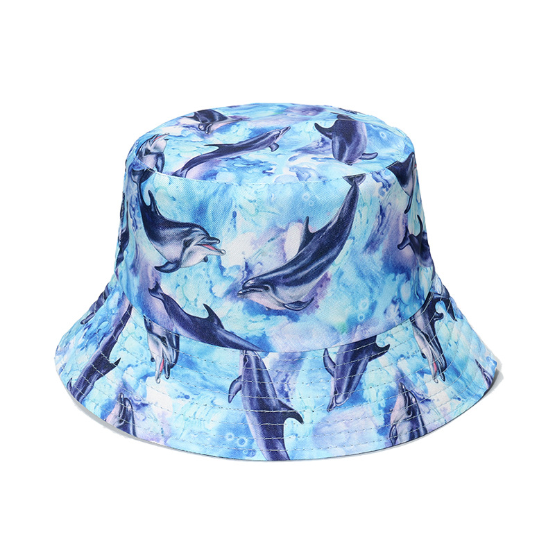 Polyester Material Dolphin Pattern Unisex Cute Streetwear Dolphin Flat Eaves Bucket Hat