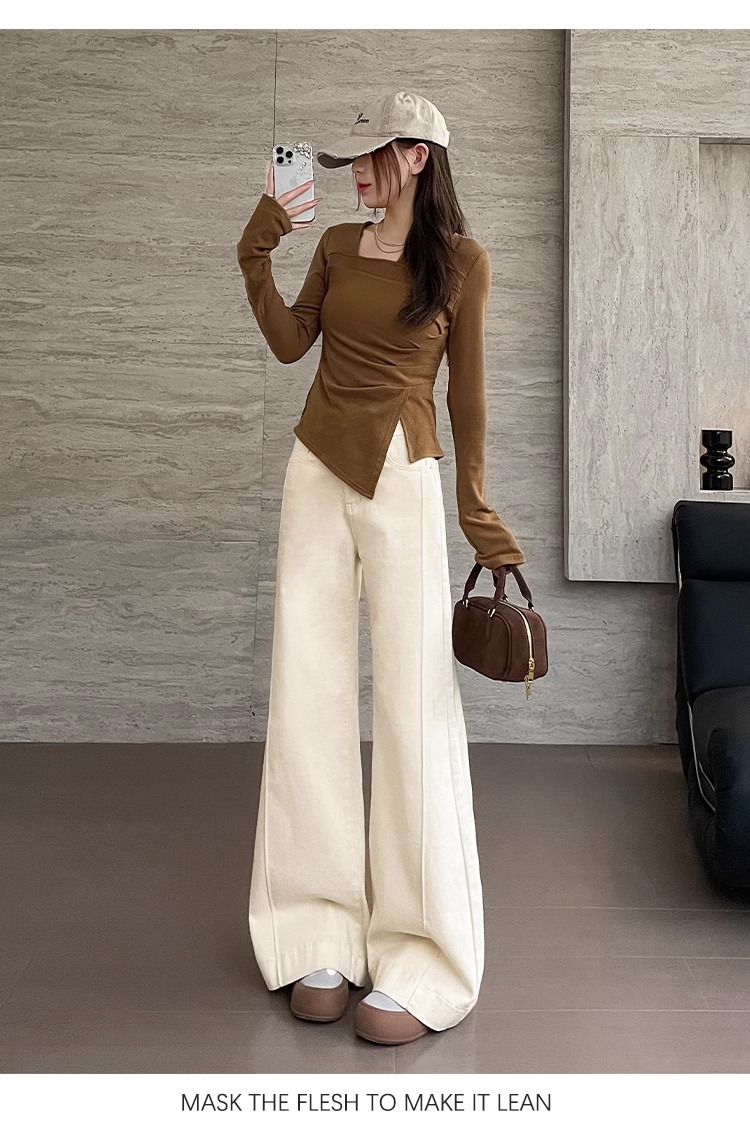 Quần jean nữ ống loe cạp cao dáng suông ôm nhẹ — Màu be [bình thường] chi tiết 18