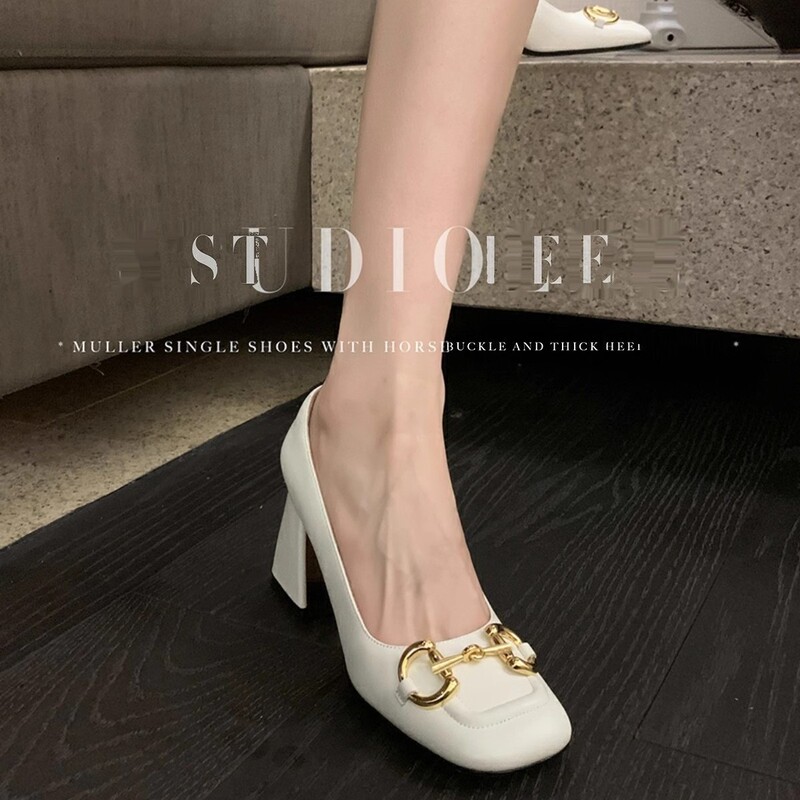 Ready in Stock ~ Easiest for Match Medium-Heeled French Flats for Women 2025 New Retro Thick High-Heeled Horsebit Square Toe Mary Jane