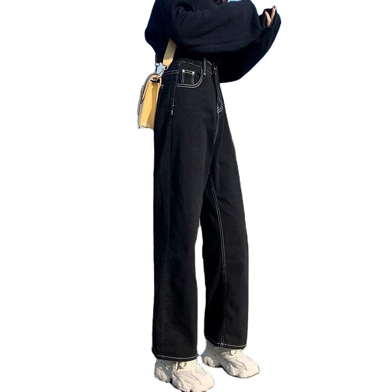 ハイウエストの黒いゆったりとした広脚ジーンズの女性春秋服は2020年に新型の垂れ下がった感じが現れます。|undefined