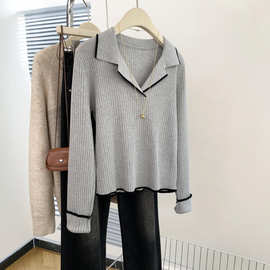 灰色polo领打底针织衫女2025秋冬新款小个子v领内搭毛衣上衣开春