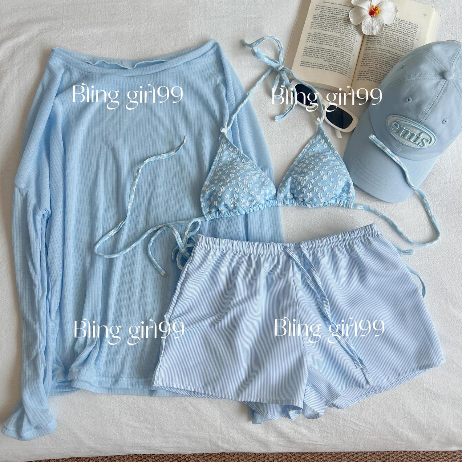 Blue Floral Sweet Pure Desire Style Holiday Bikini Swimsuit Island Holiday Beach Sun Protection Blouse Sexy New