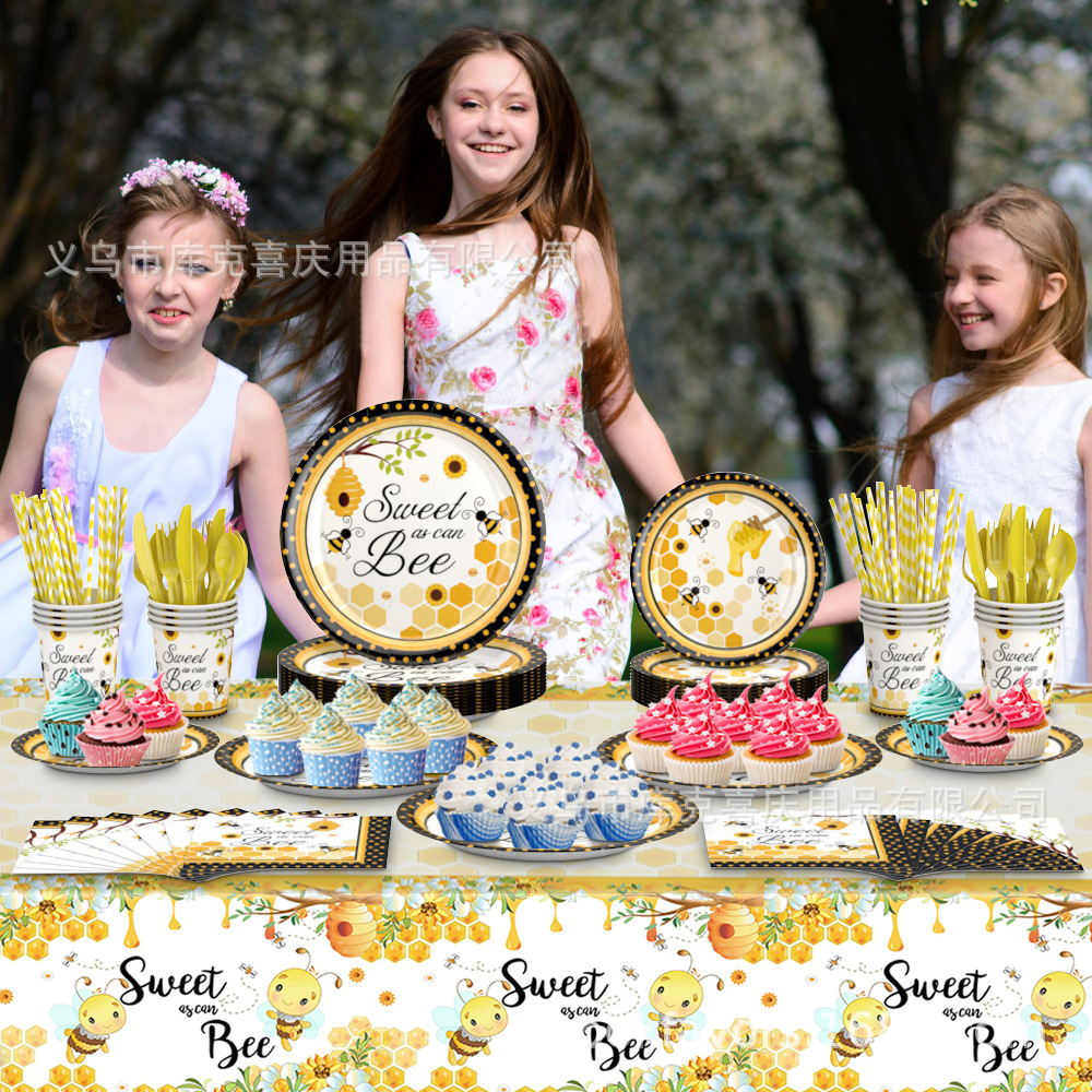 Amazon primavera abeja tema fiesta bandeja de papel desechable tazas de papel toallas de papel cubiertos set de decoración de cumpleaños para niños