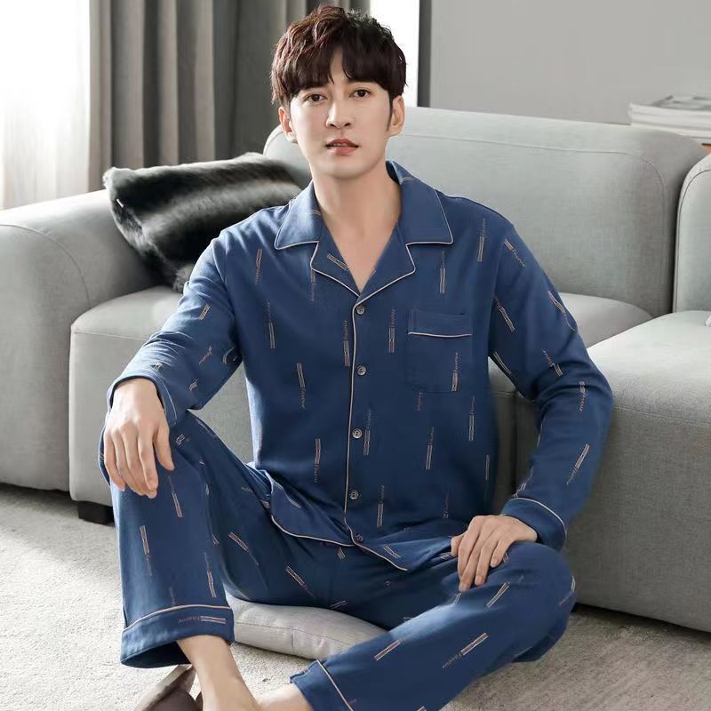 Pijamas de los hombres de manga larga 100% algodón de primavera y otoño desgaste del hogar de los hombres otoño delgado más el tamaño de otoño y traje de invierno