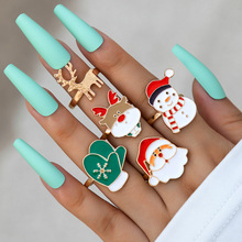 歐美跨境節日飾品 聖誕老人麋鹿滴油戒指五件套 手套雪人戒指套裝