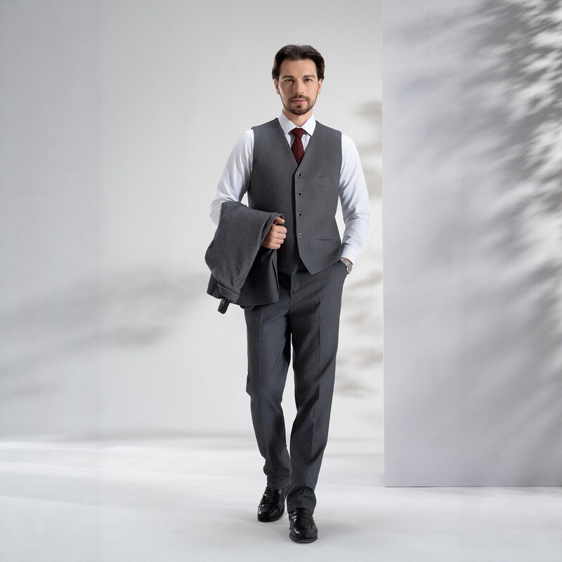 2026 Men's Gray Wool Three-Piece Suit Business Vest, Trousers, and Jacket Slim Fit Cross-Border E-Commerce Foreign Trade