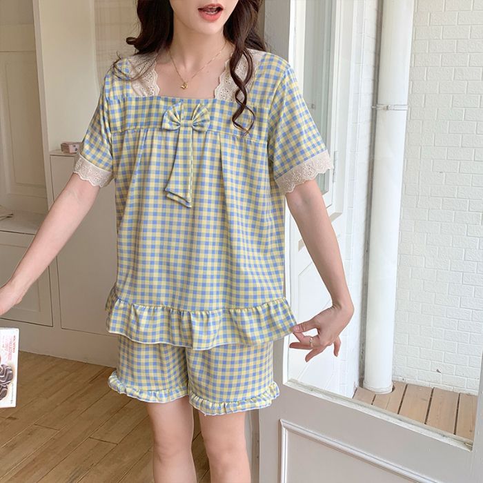 Venta al por mayor transfronteriza nueva versión coreana de encaje imitación algodón traje pijamas encaje verano chica pantalones cortos de manga corta traje de servicio a domicilio