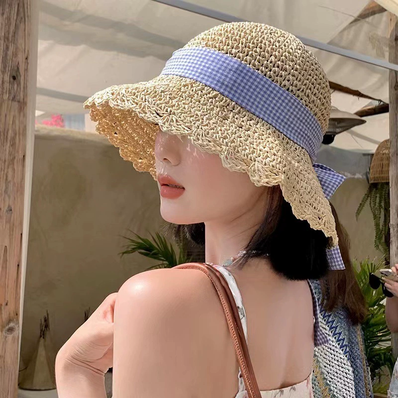 Straw summer beach hat with bow solar-powered, sun protection, beach style