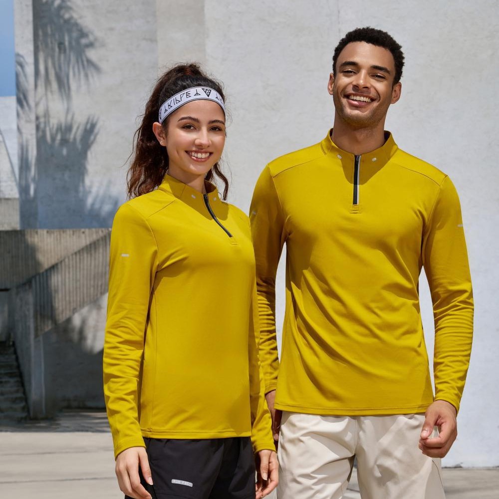 Otoño nueva camiseta deportiva de manga larga para hombres y mujeres Amazon medio cremallera correr acondicionamiento físico ropa de entrenamiento europea y americana medio pecho abierto