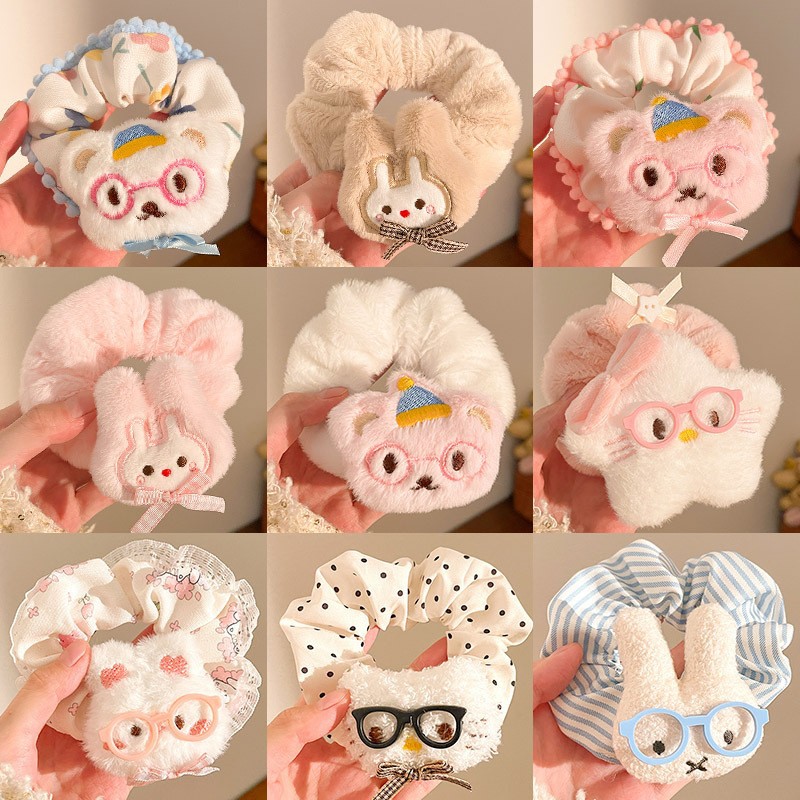 秋冬毛绒公仔大肠发圈时尚马尾发绳甜美可爱眼镜猫咪发饰卡通发圈