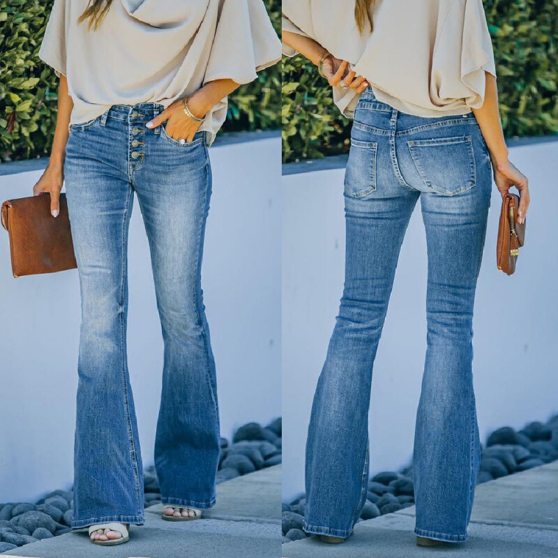Cross-Border Independent Station 2022 Spring and Summer New Pants Slim Fit Multi-Button Bootcut Pants Washed Women's Jeans