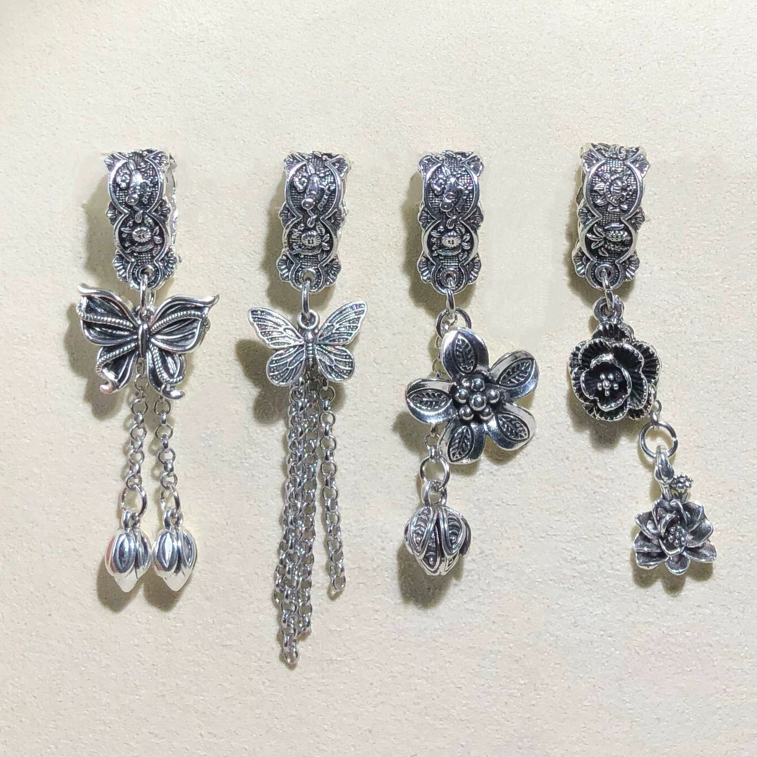High Color Retention Crystal Accessories Retro Style Xizang Silver Alloy Butterfly Flower Pendant Tassel Spacer Beads DIY Jewelry