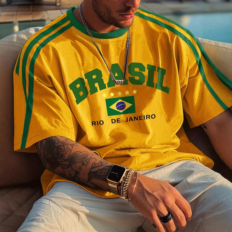 2024 Cross-border Hot Sale 3D Printing Neutral Trendy Retro Large Loose Brazil National Football Team T-shirt