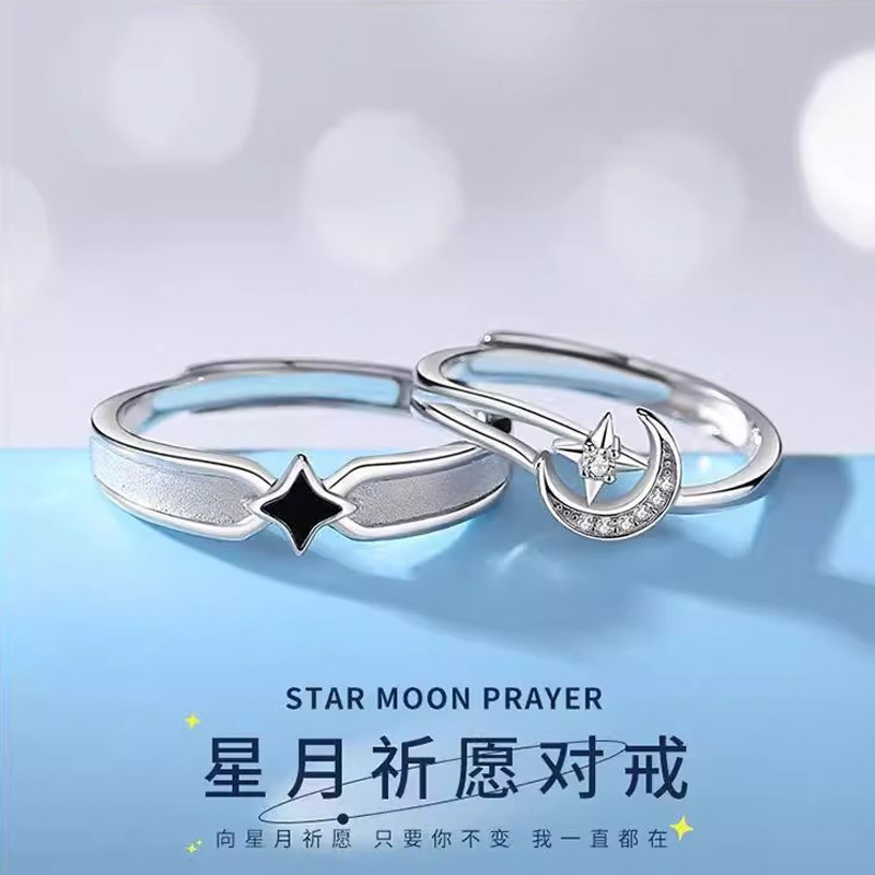 Star and Moon Prayer Couple Ring Korean Style Temperament and High-End Star and Moon Ring Anniversary Gift for Boyfriend and Girlfriend