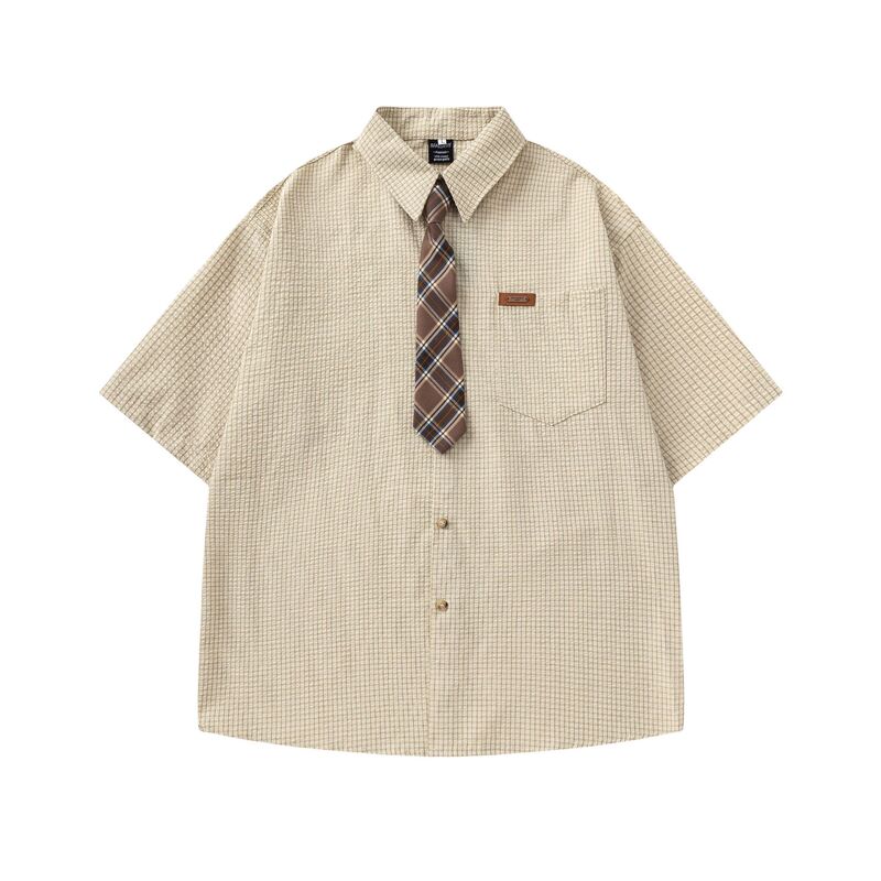 Japanese Retro Plaid Tie Short-Sleeve Shirt Unisex Summer Design Loose Casual Trendy Shirt Jacket