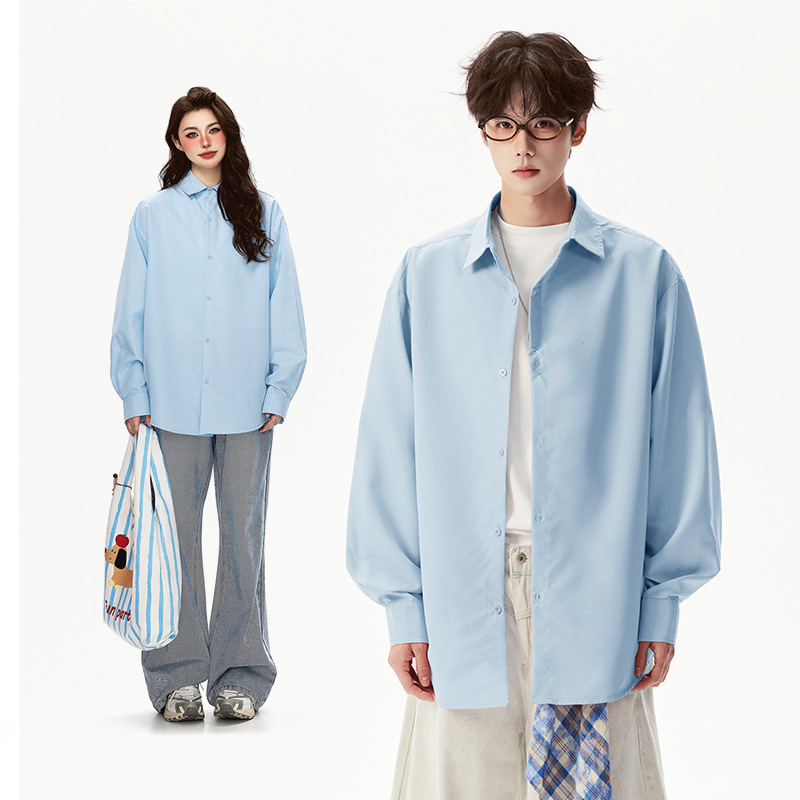 Solid Color Youthful Long-Sleeve Shirt for Men and Women, Autumn American Retro Couple Shirt, Vibe High Street Trendy Brand Turn-Down Collar Top