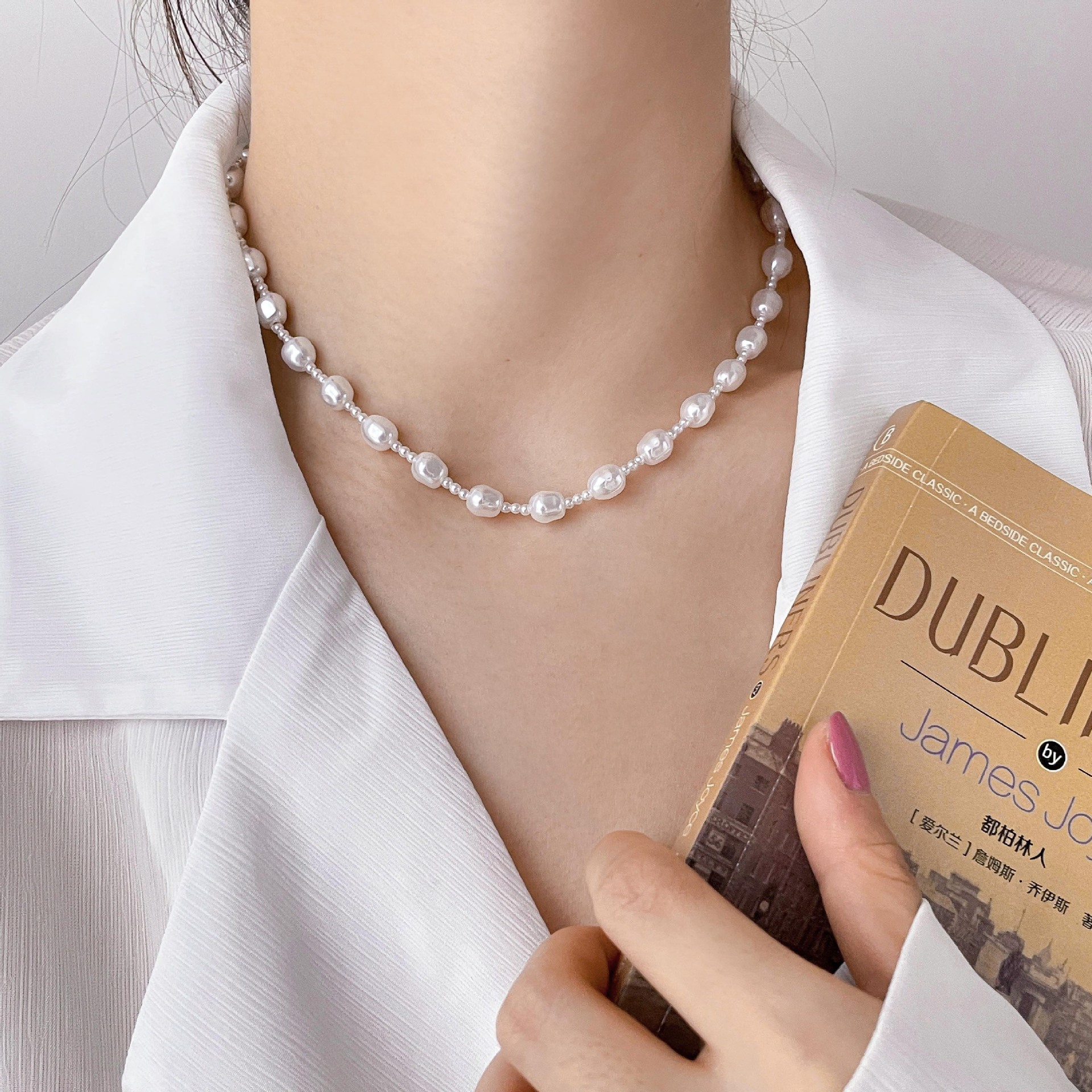 12g Weight Necklace Classification 1 Piece Quantity Banquet Occasion Freshwater Pearl, Titanium Steel Material Geometric Pattern Women's Gender Beaded, Plating Design Elegant Style Elegant Geometric Freshwater Pearl Titanium Steel Beaded Plating Necklace 9