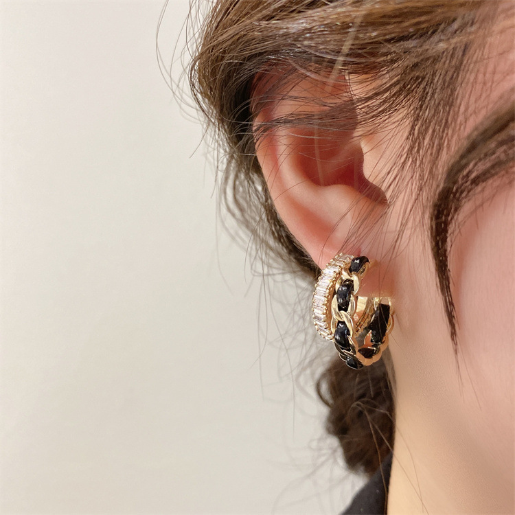 Fashion Zircon Leather C-shaped Double-layer Design Alloy Earrings display picture 1