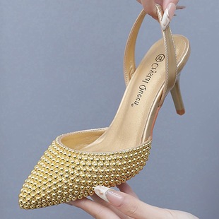 7cm Shallow Mouth Pointed Sandals White Pearl Thin Heel Sandals Large Size Wedding Shoes Bridal Wedding Shooting Pearl Shoes