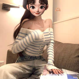 现货！小姐姐ins风日光岛屿 条纹针织衫女秋季一字肩修身短款上衣