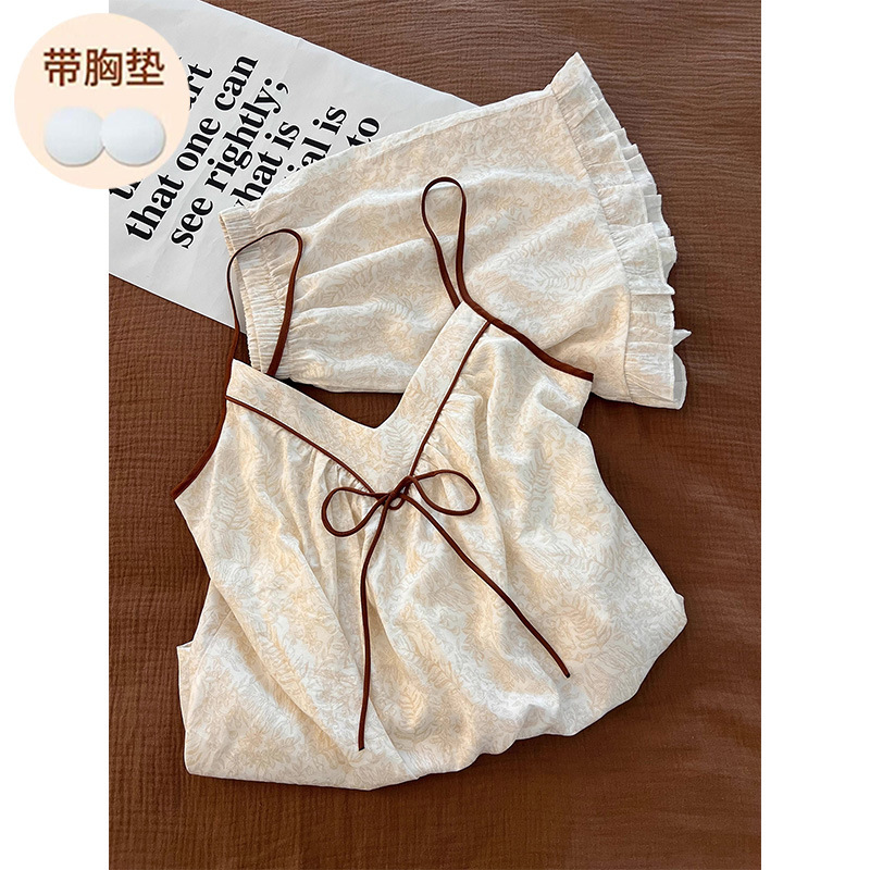 Summer New Cloud Cotton Retro New Chinese Style Suspender Shorts Suit Pajamas for Women with Non-Removable Breast Pads