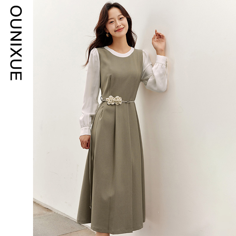 Zhen Xi's New Women's Long Sleeve Collision Material Stitching Crewneck Fashion Simple Casual Elegant dress DQ501